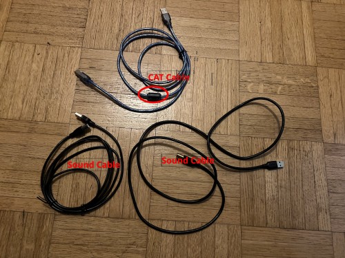 Picture of all USB cables provided by ELAD. The CAT cable is the blue one which is at one end much thicker