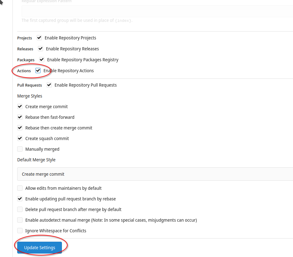 Screenshot showing how to enable Repository Actions on a reposiotry on Codeberg.org
