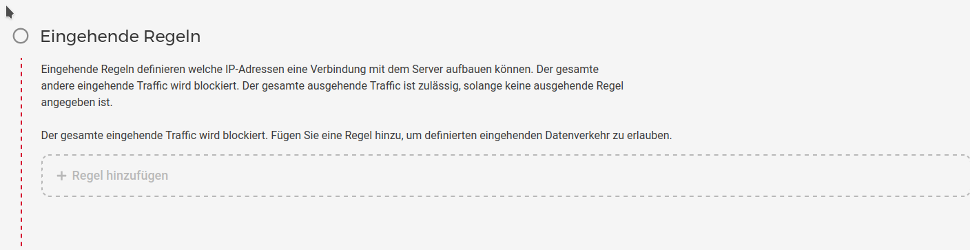 Screenshot of a virtual network firewall in the Hetzner Cloud Console denying all incoming connections