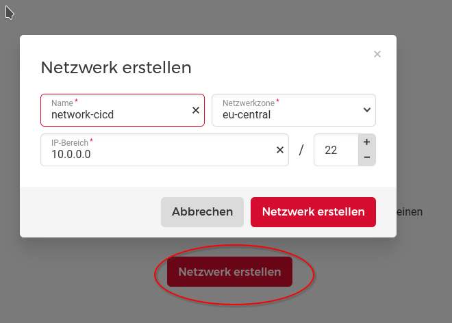 Screenshot of the Hetzner Cloud Console to define virtual network parameters