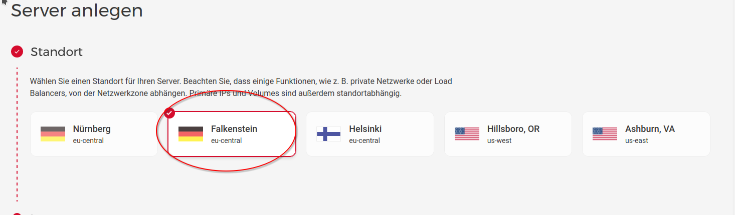 Screenshot showing how to select the location of a new virtual server in the Hetzner Cloud Console