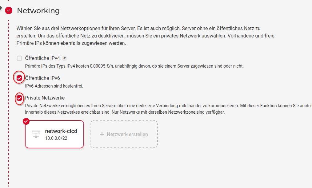 Screenshot showing how to configure virtual networking of a new virtual server in the Hetzner Cloud Console