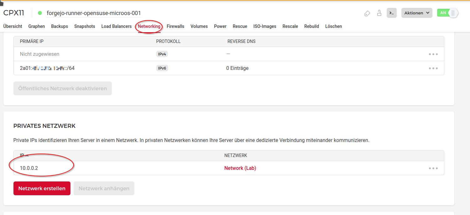 Screenshot showing where to find the private IPv4 address of your virtual server in the Hetzner Cloud Console