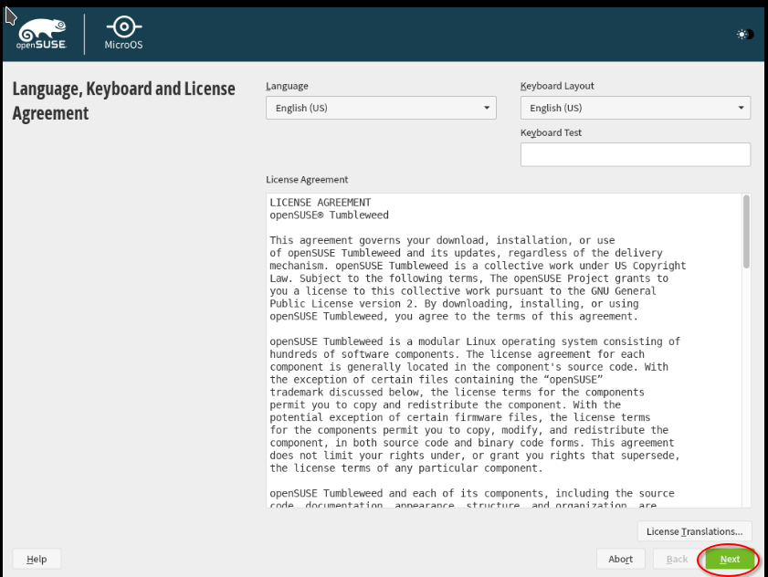 Screenshot showing the accept license step of OpenSuse MicroOS in the VNC Console of the server in the Hetzner Cloud Console