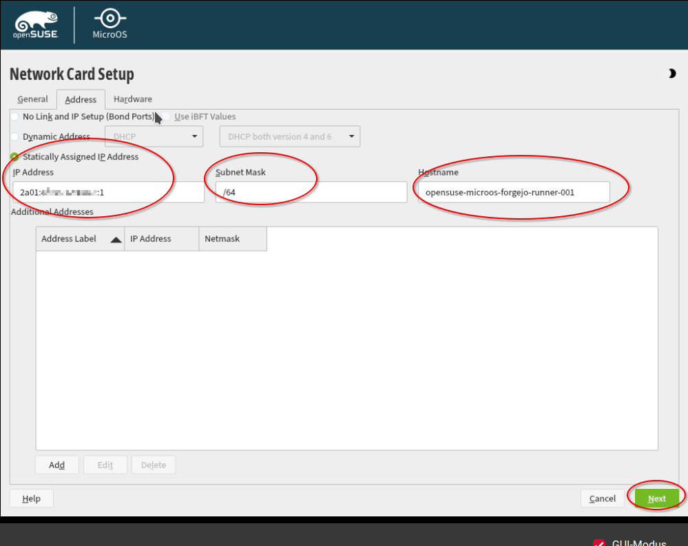 Screenshot showing the set static IPv6 address of the first network card of  OpenSuse MicroOS in the VNC Console of the server in the Hetzner Cloud Console