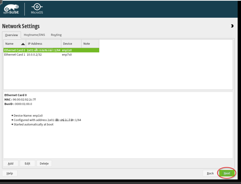 Screenshot showing the network configuration finalization step of OpenSuse MicroOS in the VNC Console of the server in the Hetzner Cloud Console