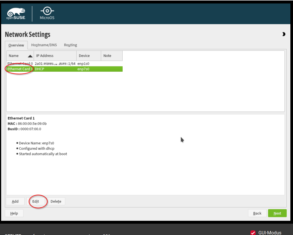 Screenshot showing the networking routing configuration step the second network card of OpenSuse MicroOS in the VNC Console of the server in the Hetzner Cloud Console