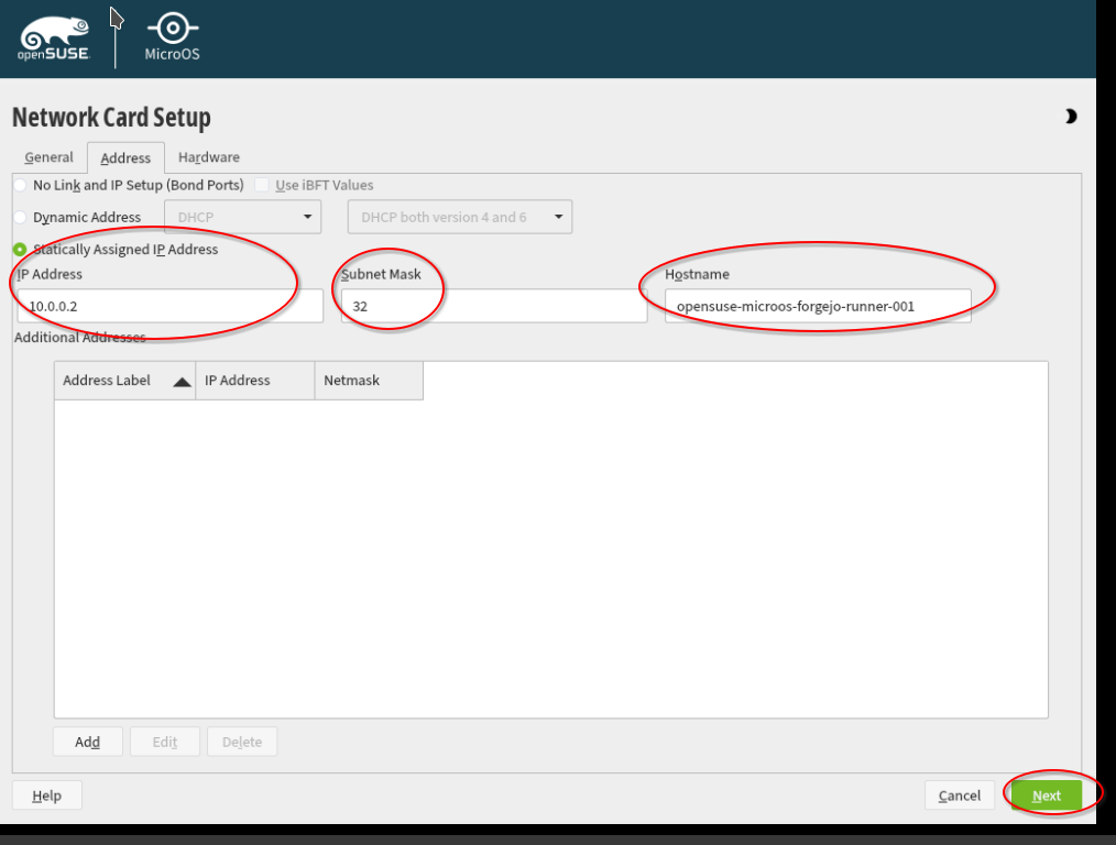 Screenshot showing the set static private IPv4 address of the secodn network card of OpenSuse MicroOS in the VNC Console of the server in the Hetzner Cloud Console