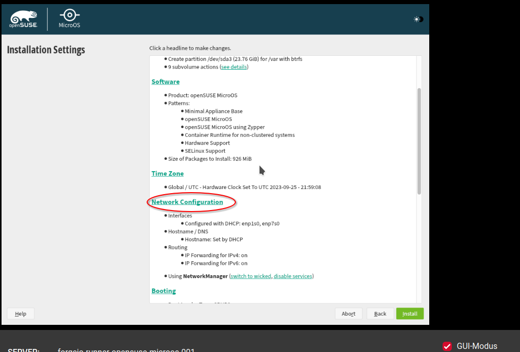 Screenshot showing the set networking setting step of OpenSuse MicroOS in the VNC Console of the server in the Hetzner Cloud Console