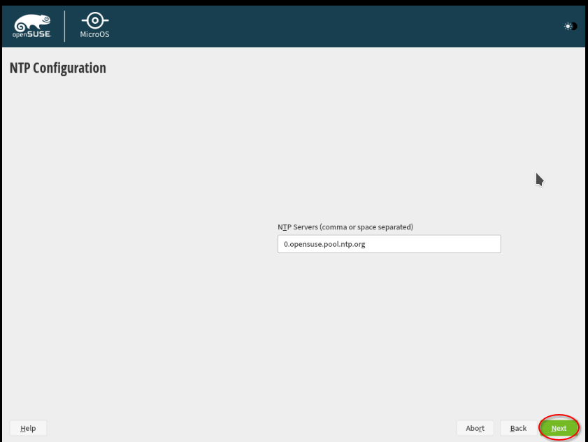 Screenshot showing the configuration of the the time server of OpenSuse MicroOS in the VNC Console of the server in the Hetzner Cloud Console