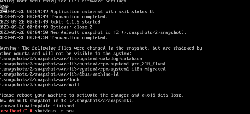 Screenshot showing the transactional-update step of OpenSuse MicroOS in the VNC Console of the server in the Hetzner Cloud Console